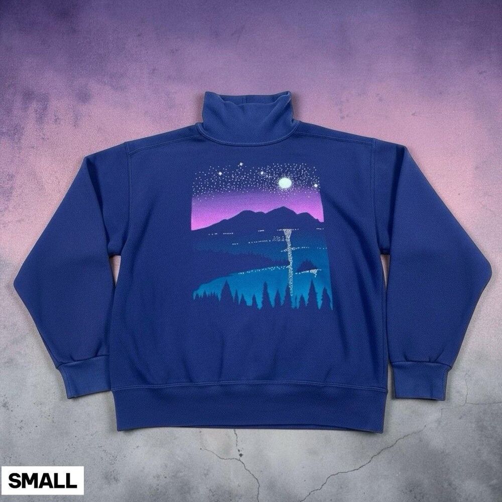 Vintage 90s Nature Sweatshirt Adult SMALL Moon Mountain Stars Graphic Mock Neck